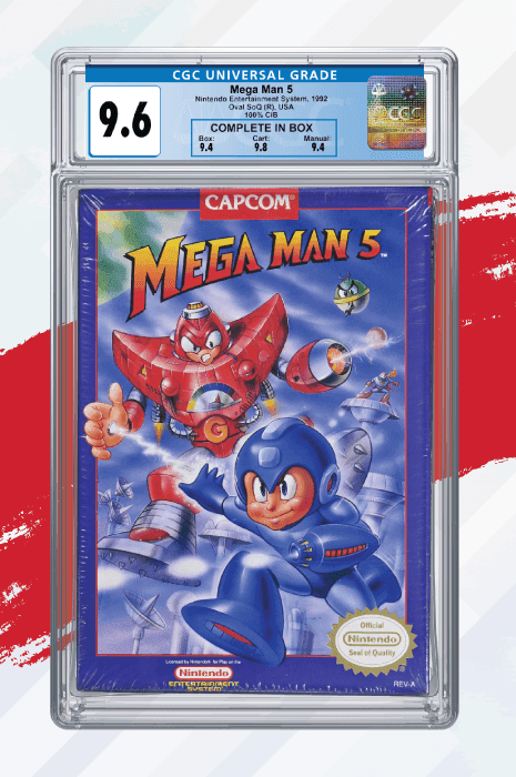 Portrait image showing Mega Man 5 for 100 Percent CIB Designation article